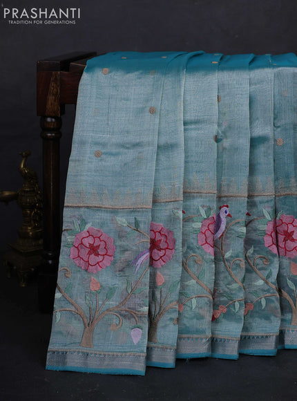 Teal Blue Mangalagiri Silk Cotton - Embroidery