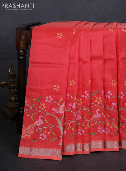 Peach Orange Mangalagiri Silk Cotton - Embroidery