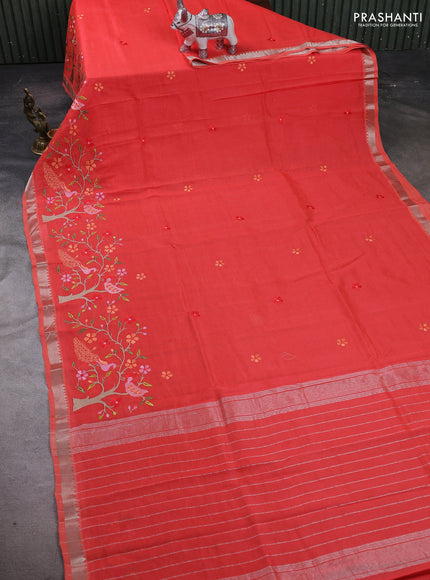 Peach Orange Mangalagiri Silk Cotton - Embroidery