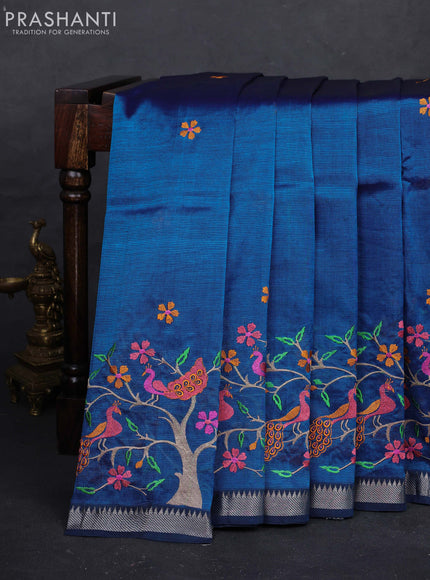 Peacock Blue Mangalagiri Silk Cotton - Embroidery