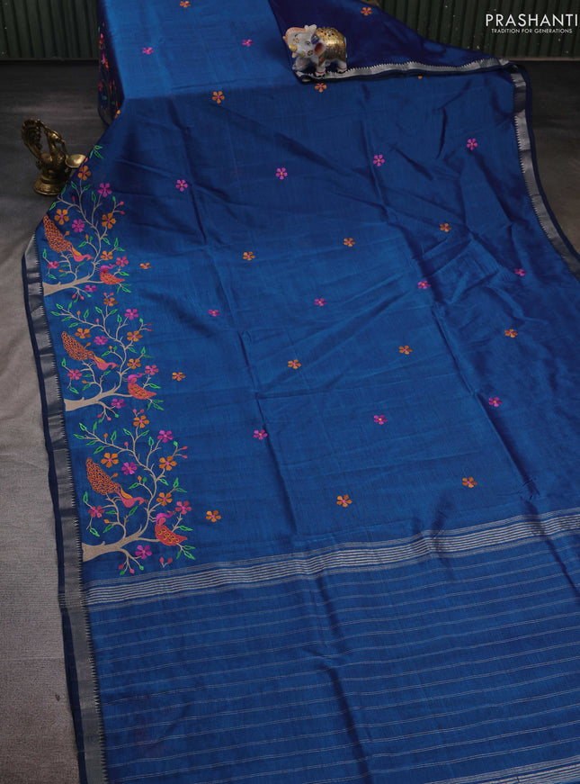 Peacock Blue Mangalagiri Silk Cotton - Embroidery