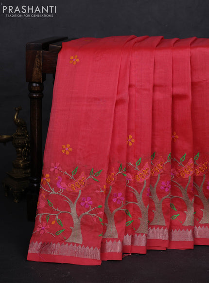 Peach Orange Mangalagiri Silk Cotton - Embroidery