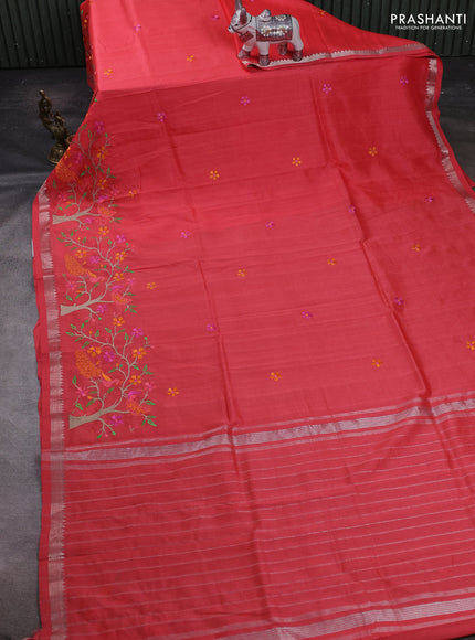 Peach Orange Mangalagiri Silk Cotton - Embroidery