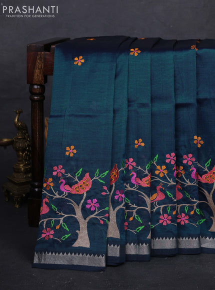 Peacock Blue Mangalagiri Silk Cotton - Embroidery