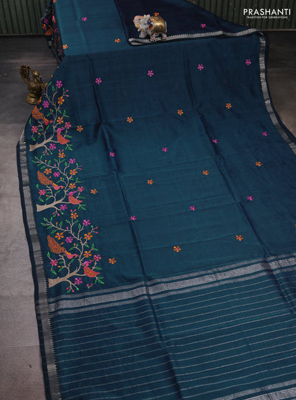 Peacock Blue Mangalagiri Silk Cotton - Embroidery