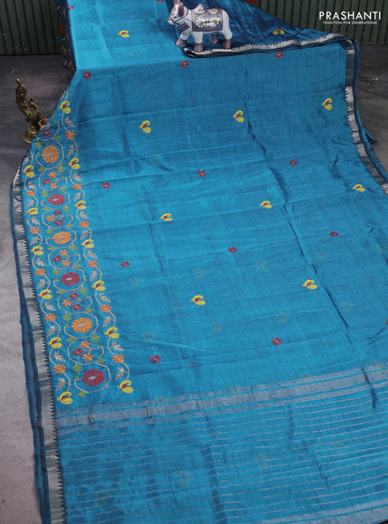 Peacock Blue Mangalagiri Silk Cotton - Embroidery