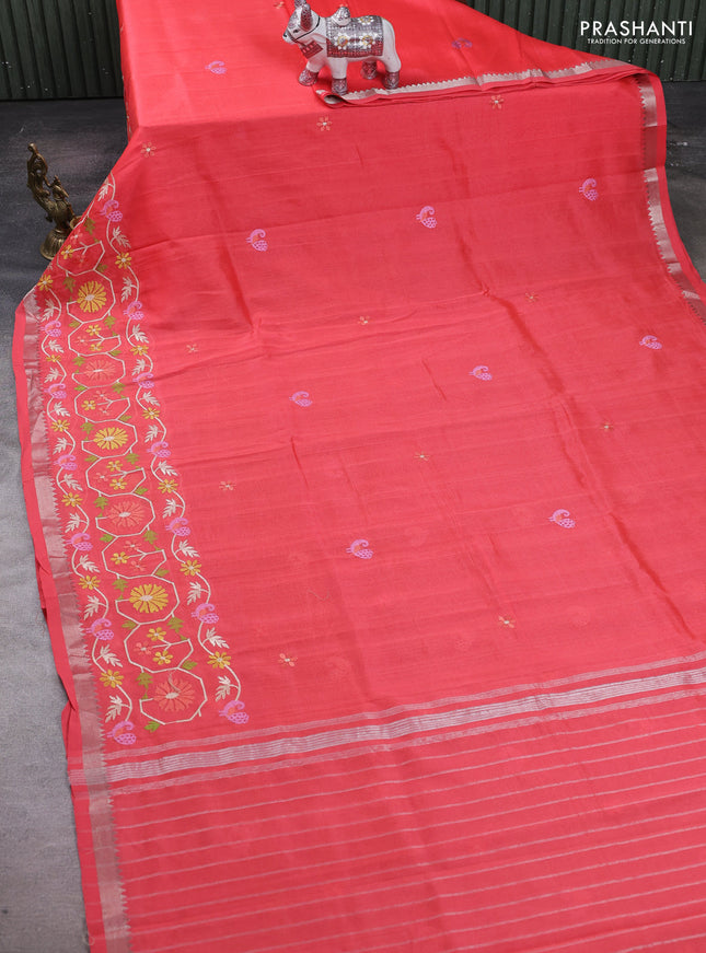 Peach Orange Mangalagiri Silk Cotton - Embroidery