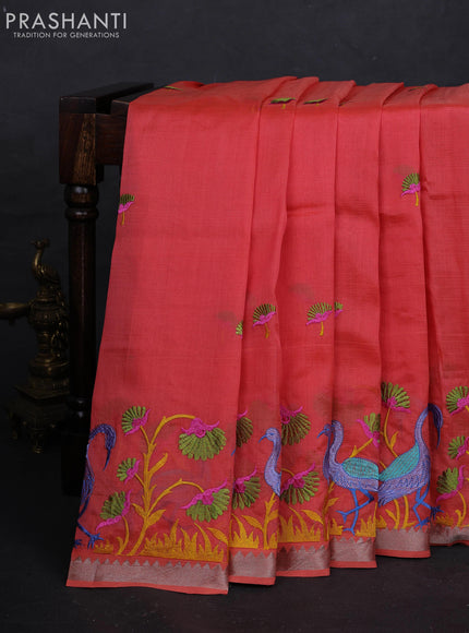 Peach Orange Mangalagiri Silk Cotton - Embroidery
