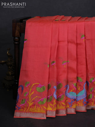 Peach Orange Mangalagiri Silk Cotton - Embroidery