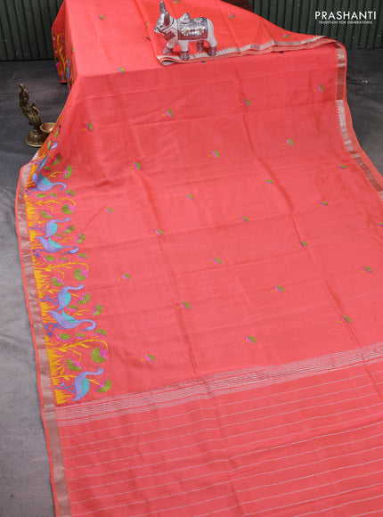 Peach Orange Mangalagiri Silk Cotton - Embroidery