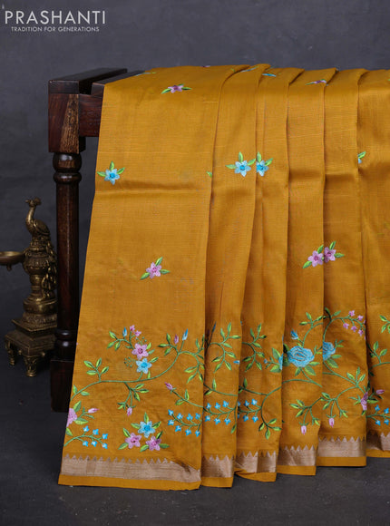 Mustard Yellow Mangalagiri Silk Cotton - Embroidery