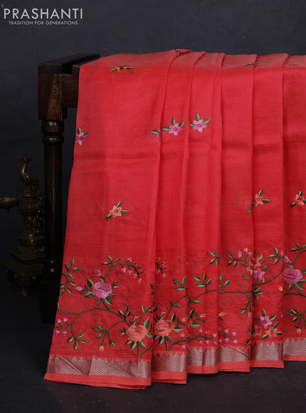 Peach Orange Mangalagiri Silk Cotton - Embroidery