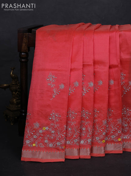 Peach Orange Mangalagiri Silk Cotton - Embroidery