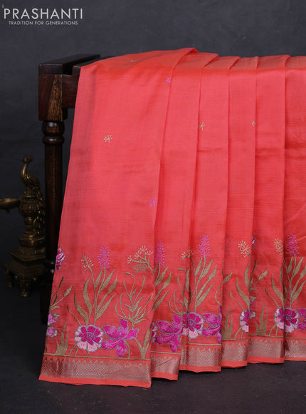 Peach Orange Mangalagiri Silk Cotton - Embroidery