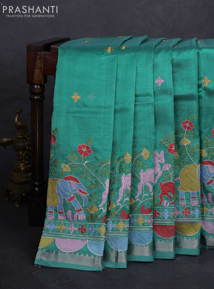 Teal Green Mangalagiri Silk Cotton - Embroidery