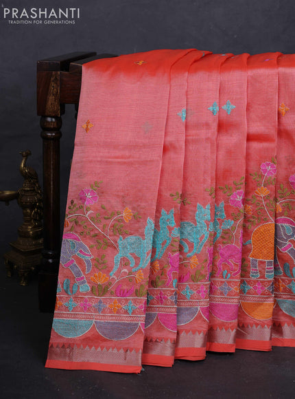 Peach Orange Mangalagiri Silk Cotton - Embroidery