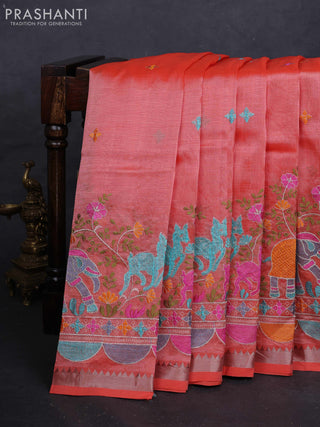 Peach Orange Mangalagiri Silk Cotton - Embroidery