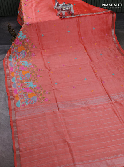 Peach Orange Mangalagiri Silk Cotton - Embroidery