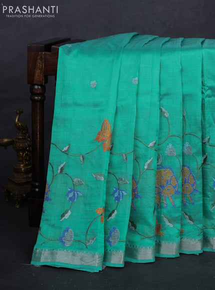 Teal Blue Mangalagiri Silk Cotton - Embroidery