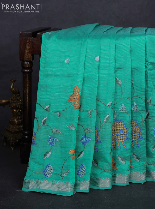 Teal Blue Mangalagiri Silk Cotton - Embroidery