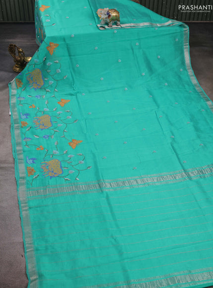 Teal Blue Mangalagiri Silk Cotton - Embroidery