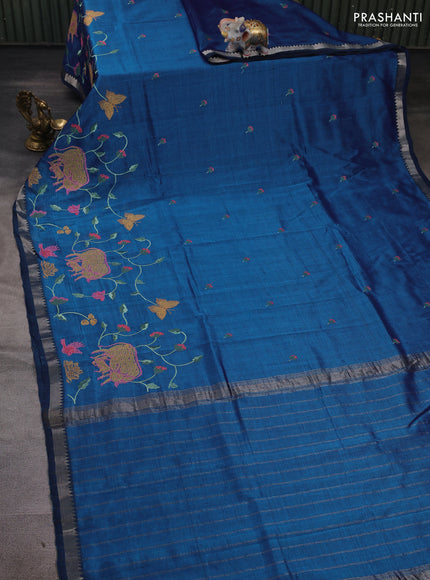 Peacock Blue Mangalagiri Silk Cotton - Embroidery