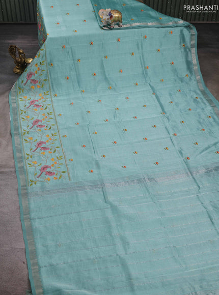 Teal Blue Mangalagiri Silk Cotton - Embroidery