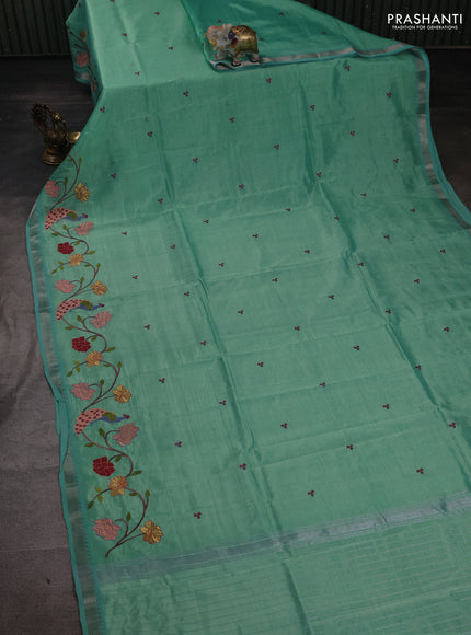 Teal Green Mangalagiri Silk Cotton - Embroidery