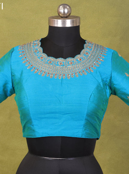 Teal Blue Raw Silk Embroidery Readymade Blouse