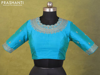 Teal Blue Raw Silk Embroidery Readymade Blouse