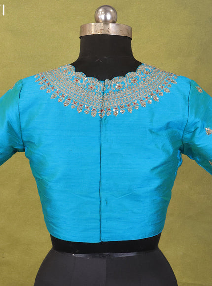 Teal Blue Raw Silk Embroidery Readymade Blouse