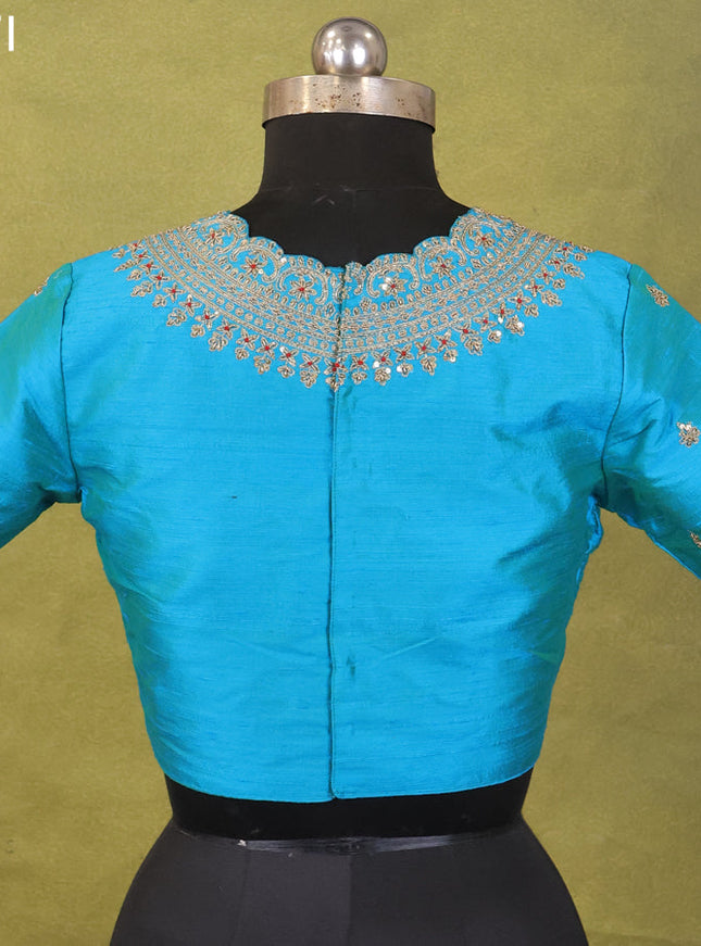 Teal Blue Raw Silk Embroidery Readymade Blouse