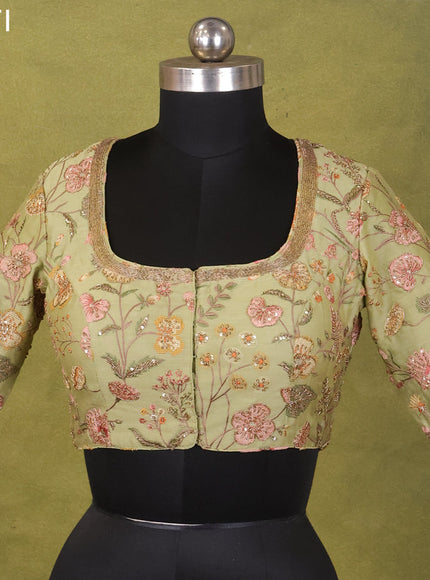 Pista Green Raw Silk Embroidery Readymade Blouse