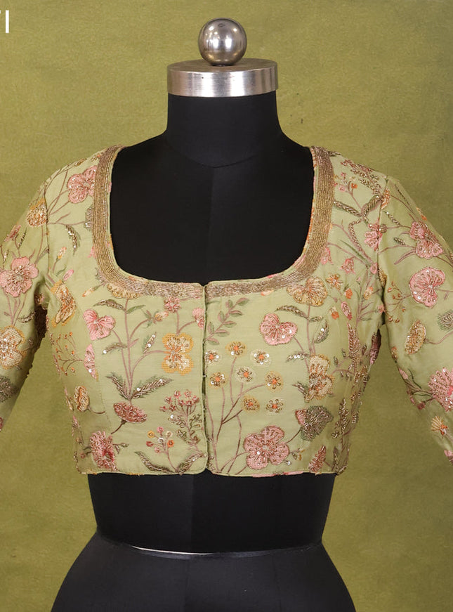 Pista Green Raw Silk Embroidery Readymade Blouse