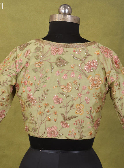 Pista Green Raw Silk Embroidery Readymade Blouse