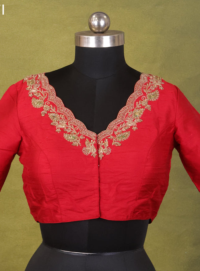 Red Raw Silk Embroidery Readymade Blouse
