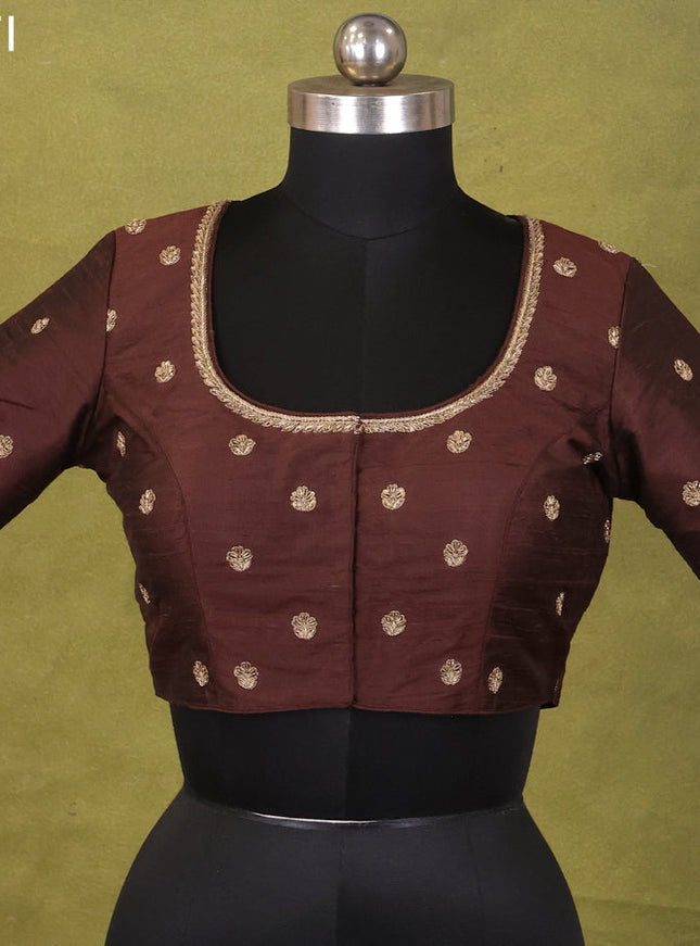 Coffee Brown Raw Silk Embroidery Readymade Blouse