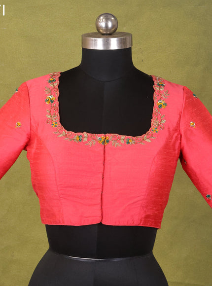 Peach Red Raw Silk Embroidery Readymade Blouse