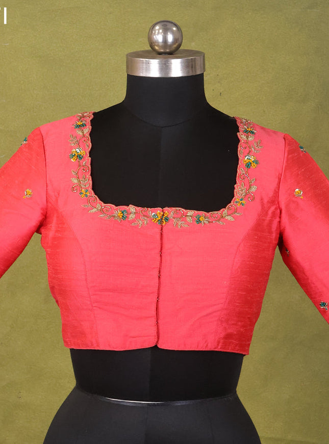 Peach Red Raw Silk Embroidery Readymade Blouse