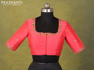 Peach Red Raw Silk Embroidery Readymade Blouse