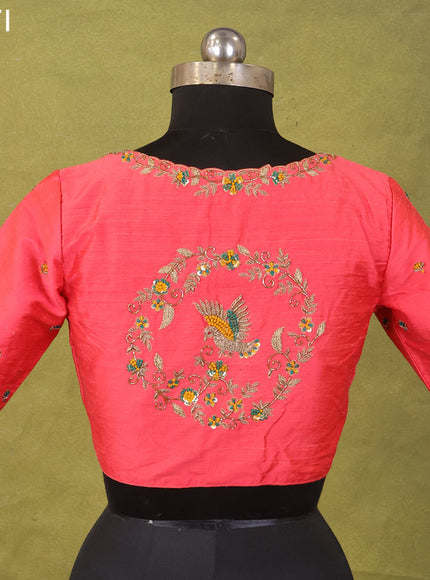 Peach Red Raw Silk Embroidery Readymade Blouse