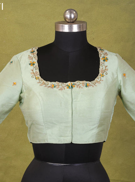 Pista Green Raw Silk Embroidery Readymade Blouse