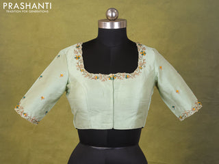 Pista Green Raw Silk Embroidery Readymade Blouse