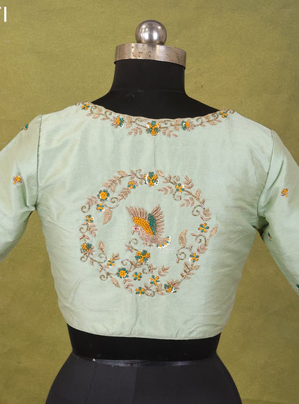 Pista Green Raw Silk Embroidery Readymade Blouse