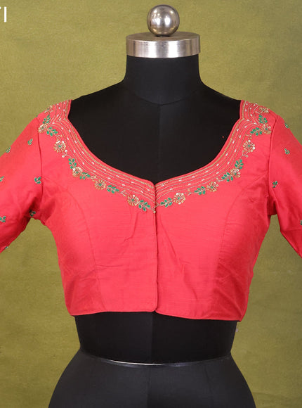 Cherry Red Raw Silk Embroidery Readymade Blouse