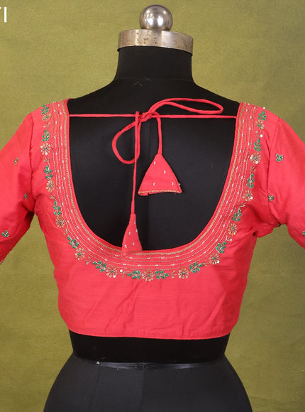 Cherry Red Raw Silk Embroidery Readymade Blouse