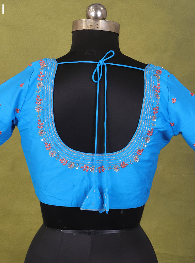 Blue Raw Silk Embroidery Readymade Blouse