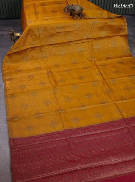 Mustard Yellow & Maroon Banarasi Tussar Silk Saree