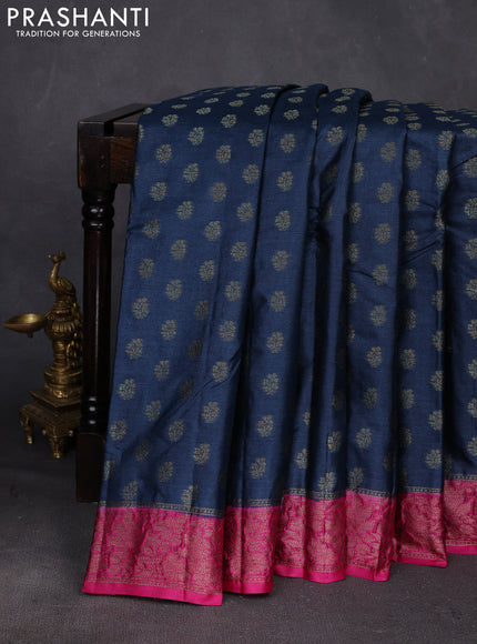 Peacock Blue & Pink Banarasi Tussar Silk Saree