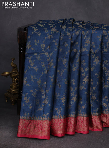 Peacock Blue & Maroon Banarasi Tussar Silk Saree